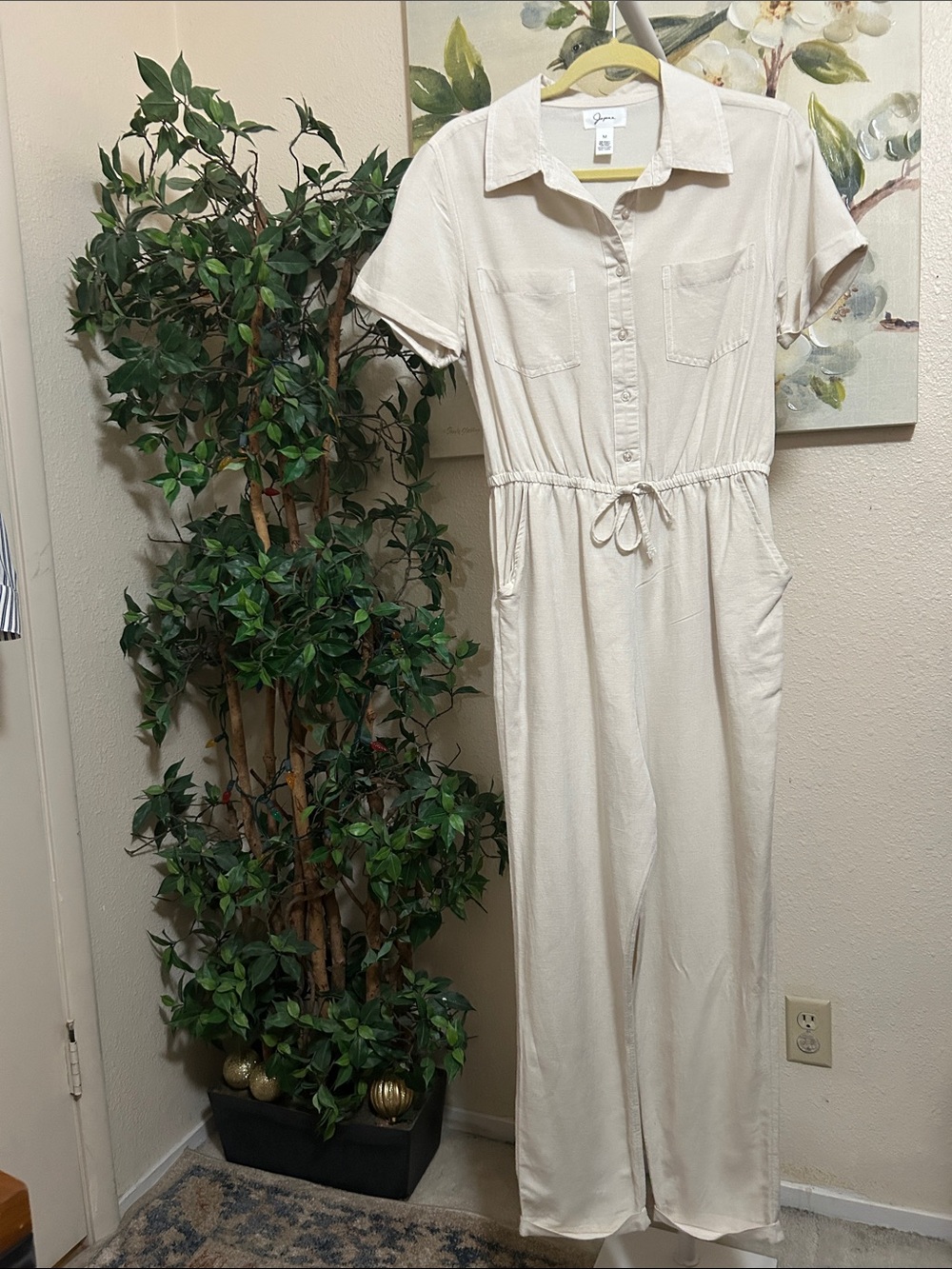 Japna Cream Button-Front Short-Sleeve Jumpsuit with Drawstring Waist